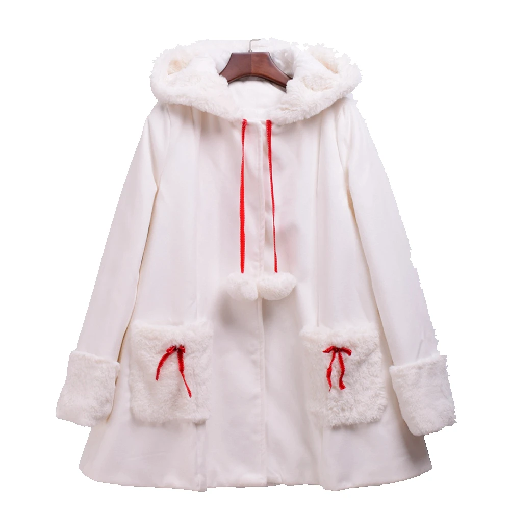 

Cute Lolita Coat Women Girls Winter White Rabbit Bunny Hooded Ears Red Long Sleeve Outwear Christmas Gift