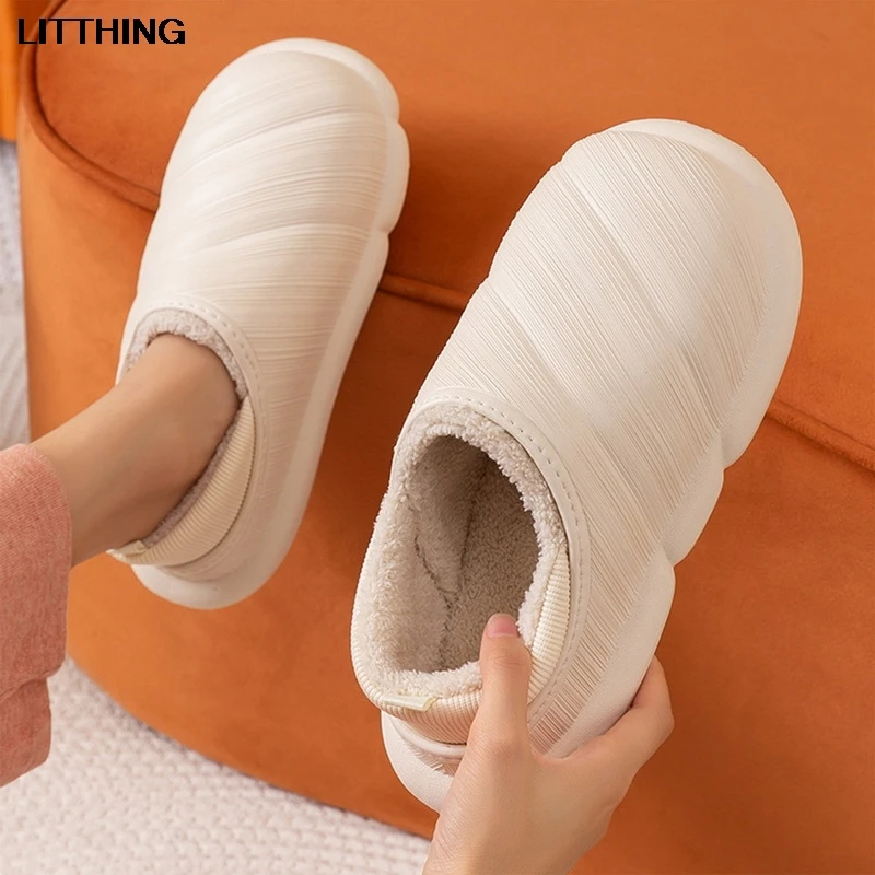 

Winter Warm Furry Slippers Men Shoes Waterproof Leather Male Slippers Couples Non-Slip Plush Cotton Indoor Outdoor Women Slides