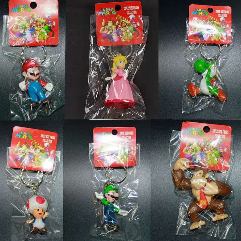 

A Set Super Mario Bro Keychain Mario Princess Peach Yoshi Luigi PVC Action Figure Cartoon Keyring Decorate Toy for Children Gift
