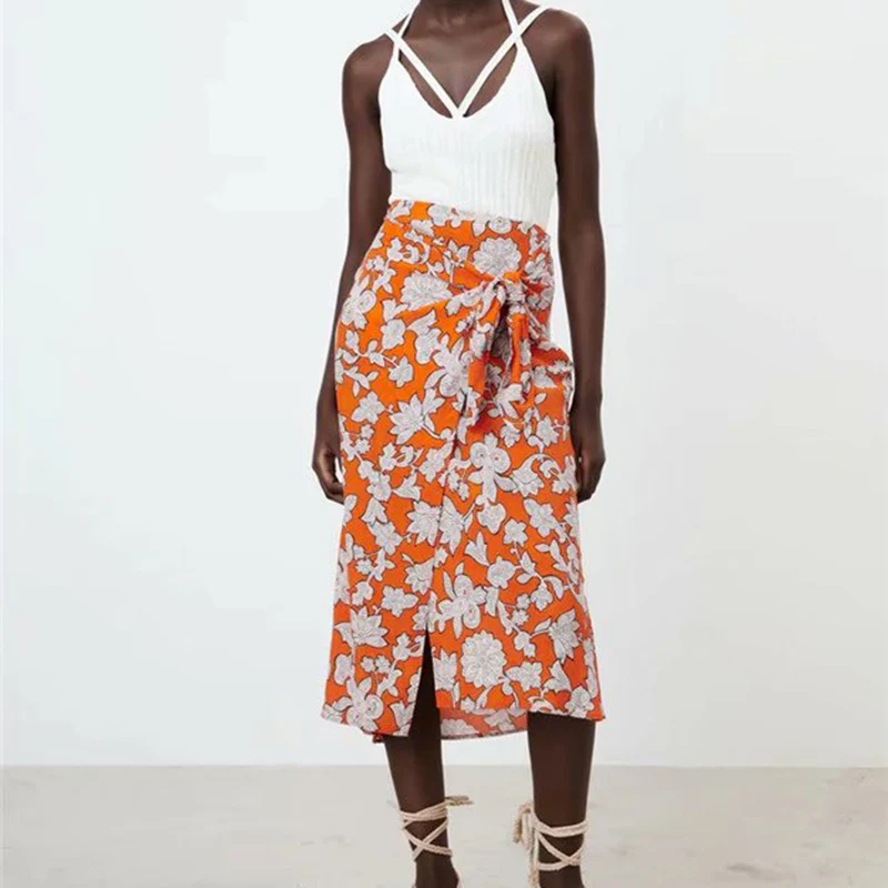 

2021 Women High Quality Printing Bow Decorate Casual Long Skirt Female Vintage Irregular Sweet Wind Skirt