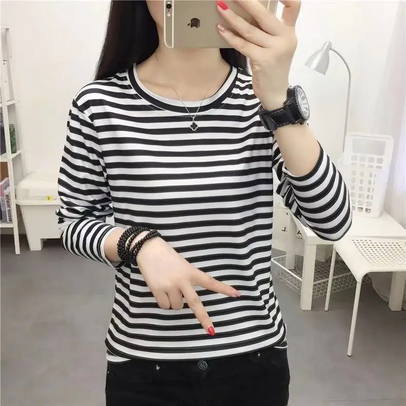 

2021 Autumn and Winter New Base Shirt Women 's Long-Sleeved Striped T-shirt Women 's Top Korean Style Loose All -Matching