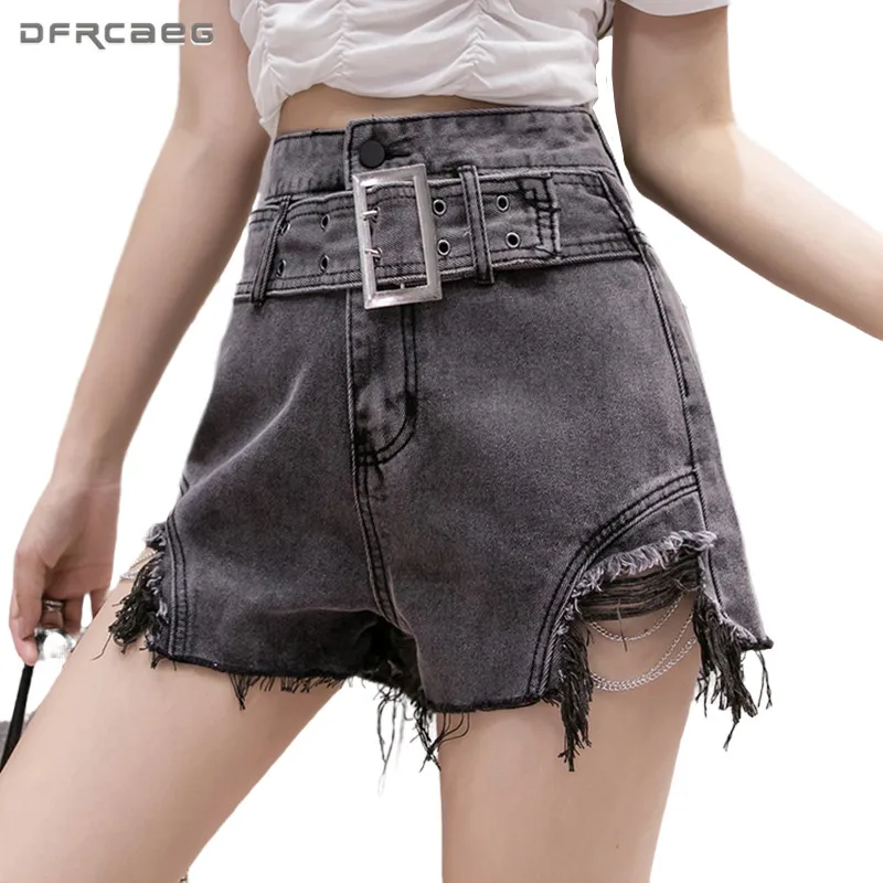 Черные Рваные джинсовые шорты бойфренда с поясом 2020 летние винтажные уличные