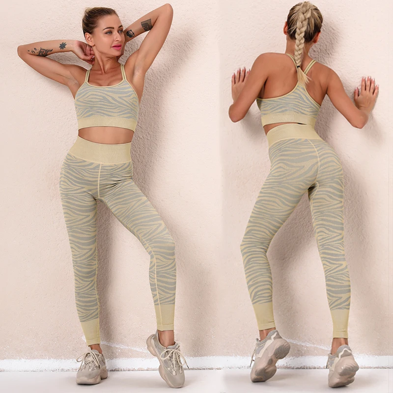 

2PCS/Set Seamless Women Yoga Suit Stripe Sportswear High Waist Leggings Sexy Sports Bra Gym Fitness Clothing Sets