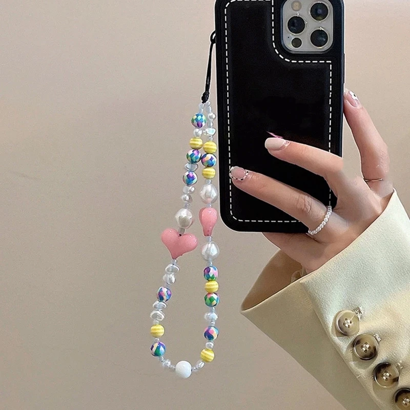 Fashion Summer Colorful Beads Mobile Phone Chain Lanyards for Women Girls Bohemia Heart Pearl Rope For Case Hanging Cord | Мобильные