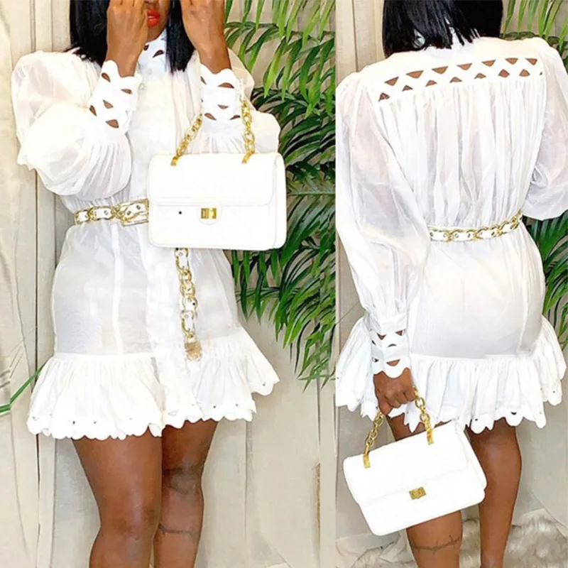 Женское облегающее платье с длинным рукавом фонариком ажурное рубашка высокой