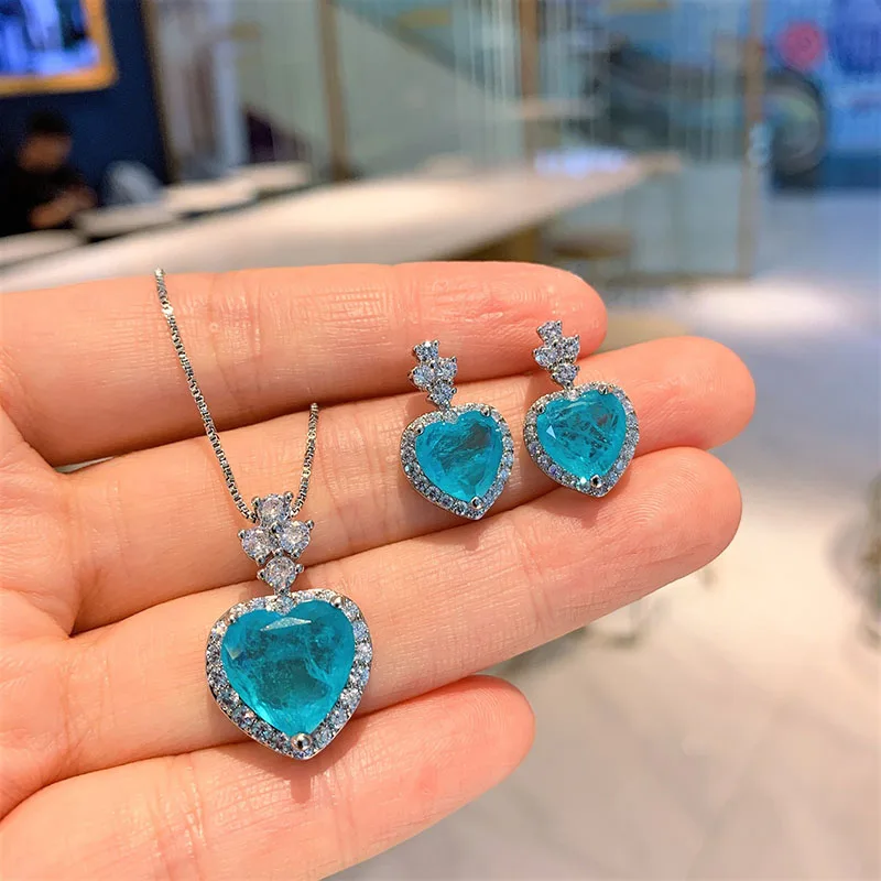 Funmode Blue Heart Shape Cubic Zircon Jewelry Set For Women Wedding Accessories Fashion Girl Mother Gift Jewelry Set FS191