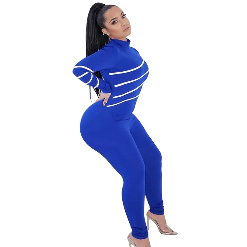 

Zoctuo Jumpsuit for Women Sexy Club Party Romper Striped Turtleneck Long Sleeve One Piece Solid Skinny Rompers 2021 New Autumn