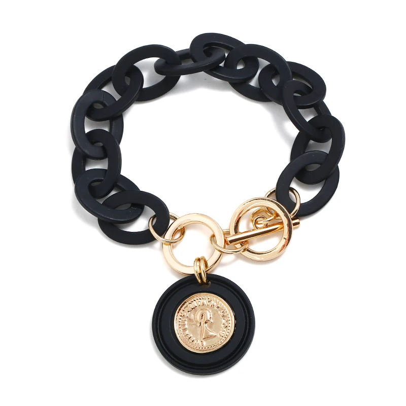 Boho черный белый акриловая цепь браслет королевская голова Подвеска из золотых