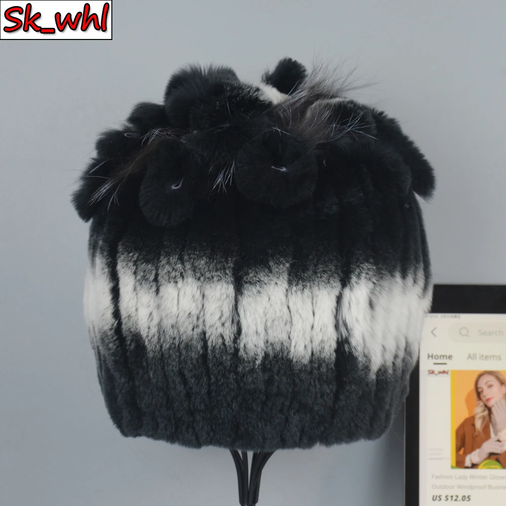 

Good Elastic Knit Real Rex Rabbit Fur Beanies Hats Women Real Sliver Fox Fur Skullies Hat 100% Real Natural Rex Rabbit Fur Caps