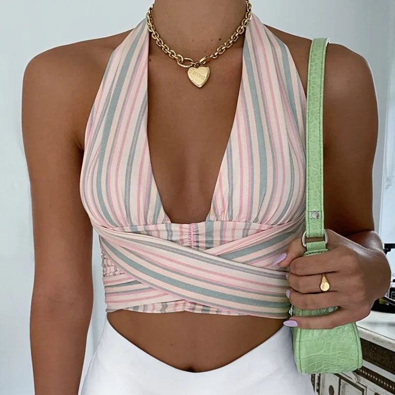 

Summer Sexy V-neck Halter Crop Top Striped Print Skinny Bodycon Sleeveless Summer Tee Tops Party Club Backless Shirt Blouse