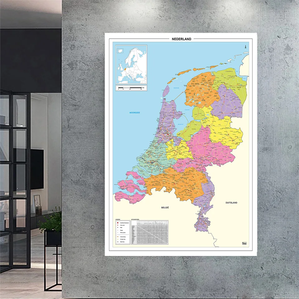 

100*150cm Political Map of The Netherland In Dutch Large Poster Non-woven Canvas Painting Room Home Decoration School Supplies