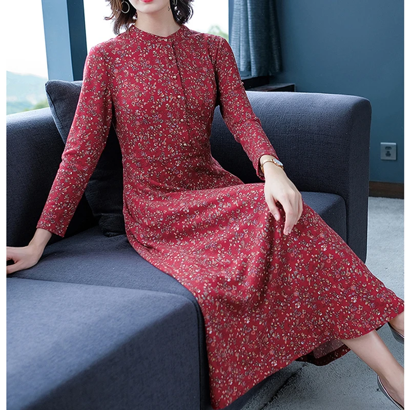 

Korea Vintage 4XL Plus Size Midi Women Dress 2021 Autumn Winter Red Floral Long Sleve Maxi Dresses Classy Bodycon Party Vestidos
