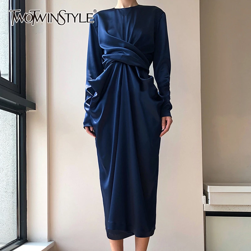 TWOTWINSTYLE винтажное одноцветное женское платье с круглым вырезом длинным рукавом