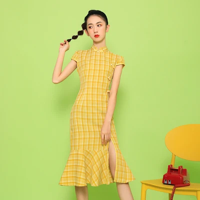 Photo Color SWEETXUE китайский стиль Улучшенный чёнсам платье Новая современная мода свежий желтый сплит Bodycon женское винтажное рыбий хвост платье - Цвет: Photo Color