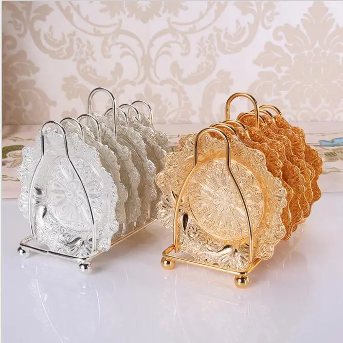 

6 pcs/set Europe god/silver plated coffe tea cup coaster gold placemats decorative metal coasterunder cup pad BD007
