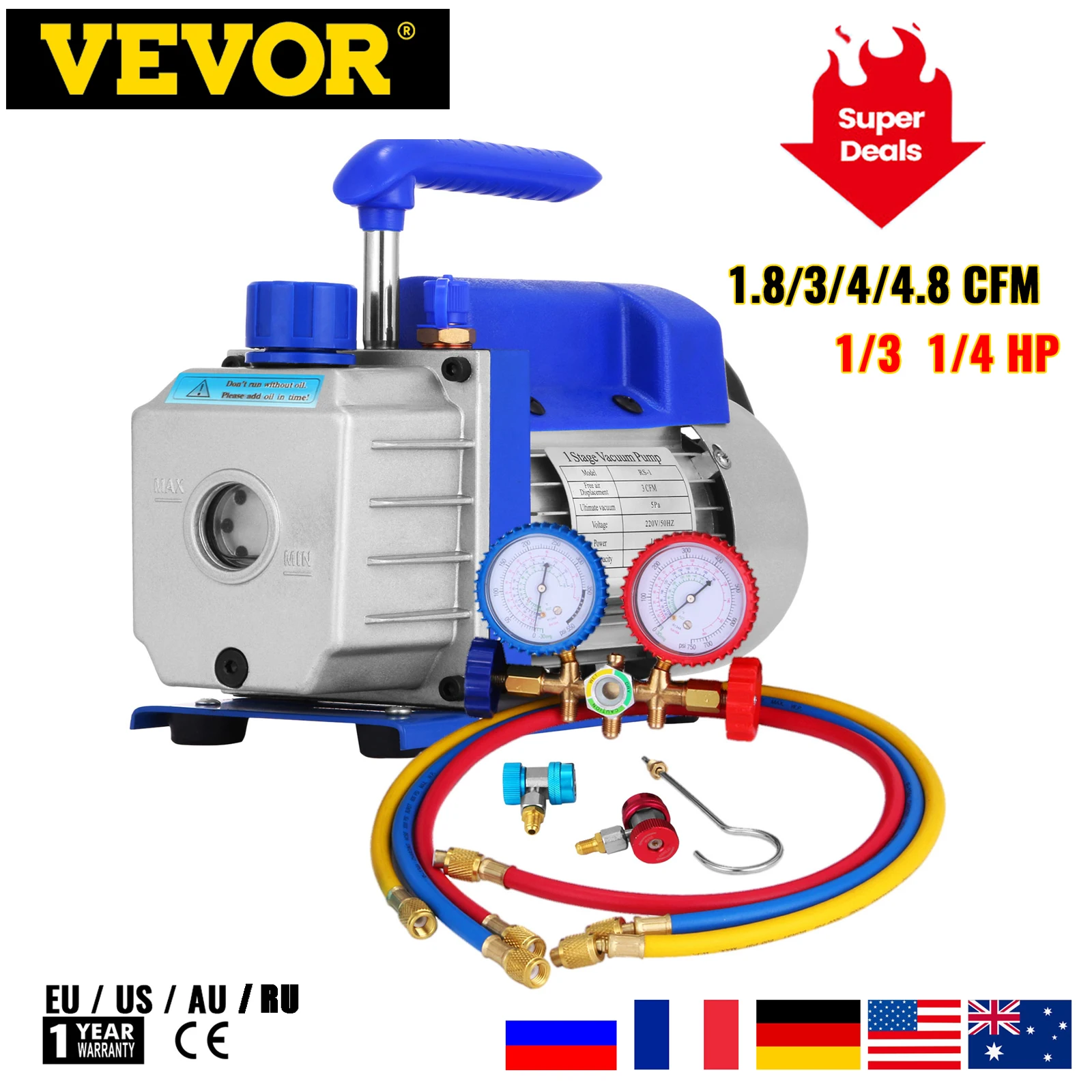 VEVOR 1,8-4,8 CFM комплект вакуумного насоса для хладагента HVAC 1/3 1/4 HP с манометром для бытового кондиционирования воздуха - изображение
