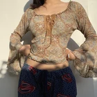 Dourbesty винтажная Фея гранж футболка элегантная женская с оборками расклешенный топ с длинным рукавом Y2K Осенняя мода Harajuku Графические футболки