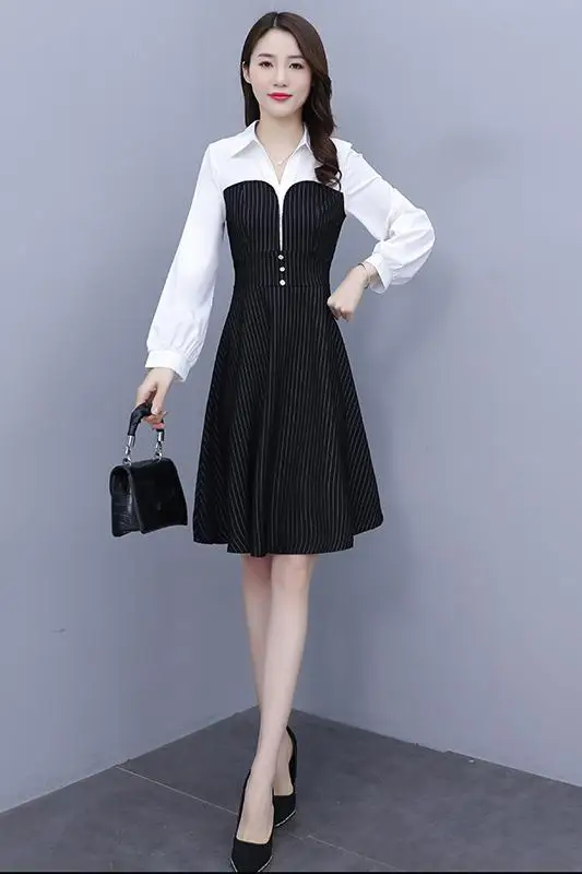 

COIGARSAM 4XL Plus Size Fashion Patchwork Women dress New Spring Summer French Style Chiffon Dresses Black 8010