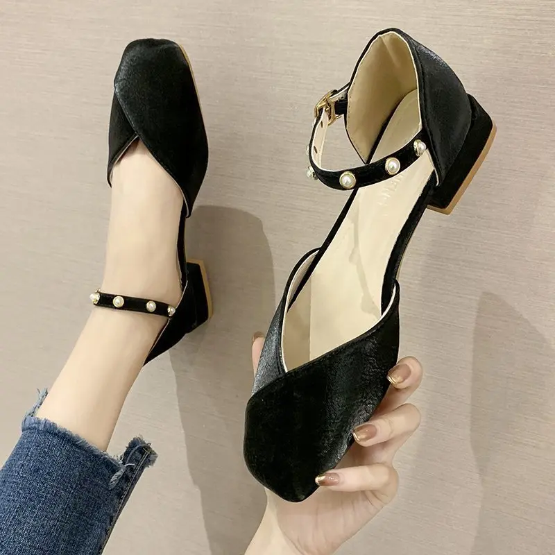 

Casual Woman Shoe Female Footwear Black Flats Square Toe Pearl Decorateion Shallow Mouth Summer Dress New Beading Retro Spring L