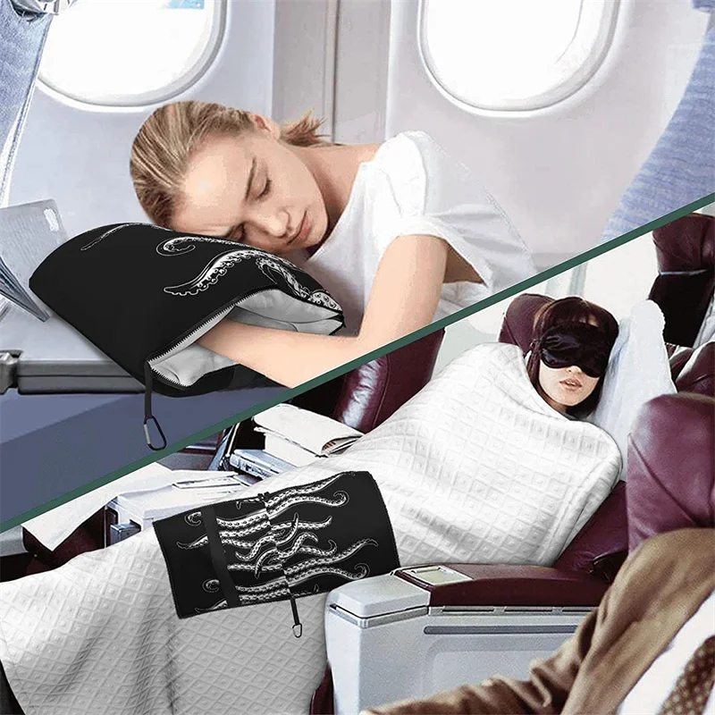 barato Polvo Preto Viagem Travesseiro Cobertor Dois-em-um Mochila Cinta E Compacto Avião Saco Cintura Suporte 60x43 Polegadas