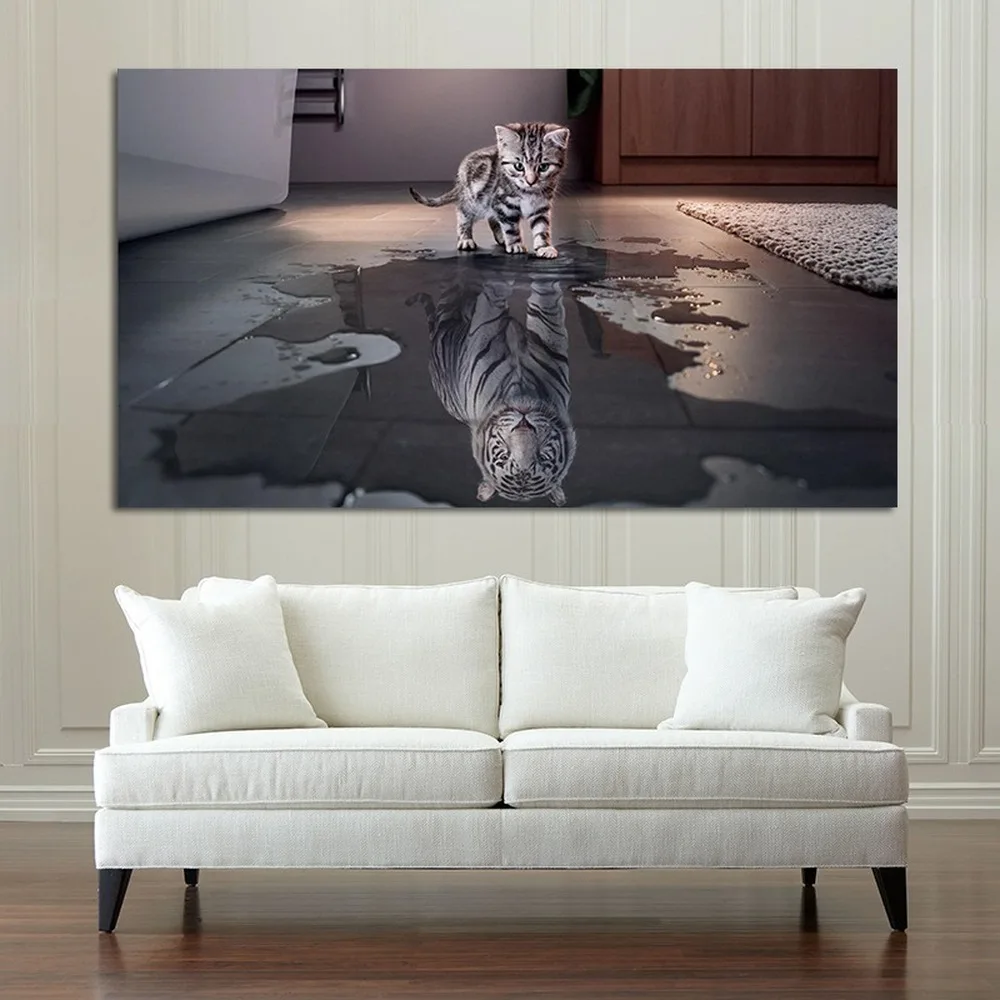 

Creative Reflection Canvas Painting Cat Reflection Tiger Animal Print Posters Personality Home Decoration Wall Art Pictures