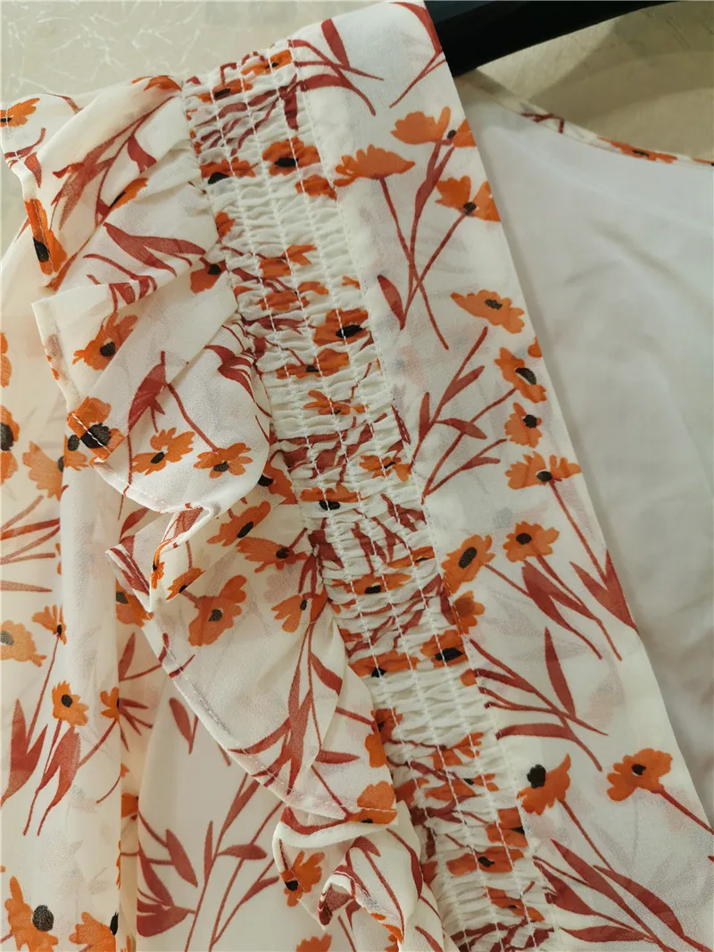 Floral Printing Women's Maxi Dress Short Summer Sleeve V Neck Ruffle Long Robe