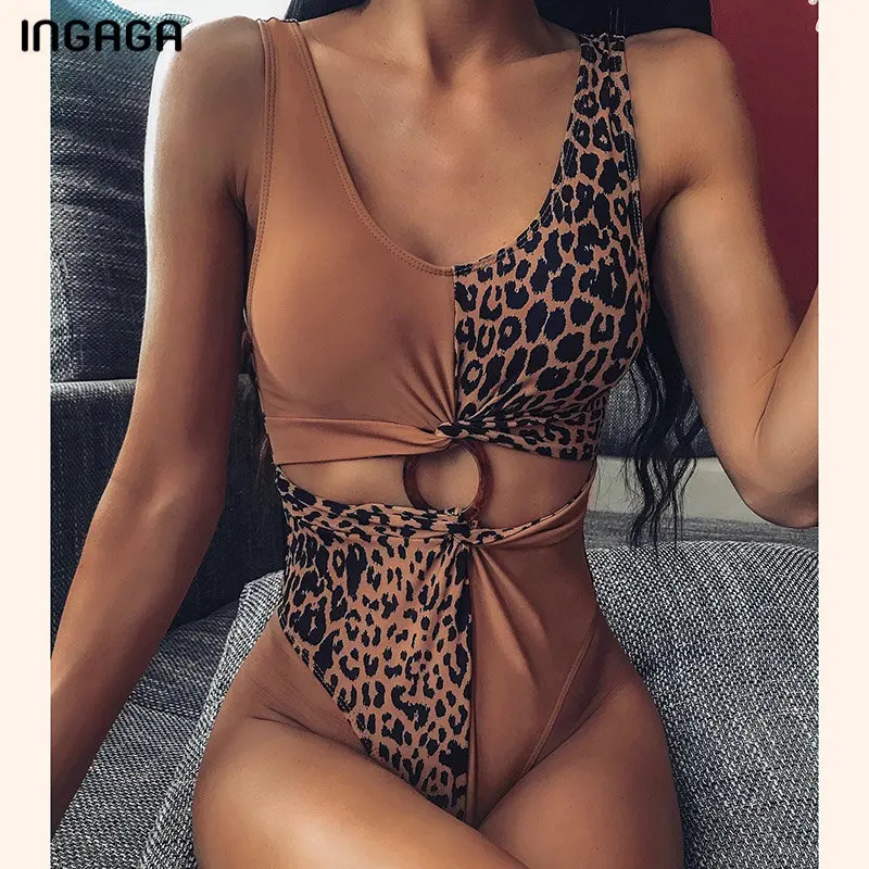 INGAGA Leopard Cut Out Swimsuit One Piece Splice High Cut Bodysuit Sexy Push Up Swimwear Women New Brazilian Bathing Suit