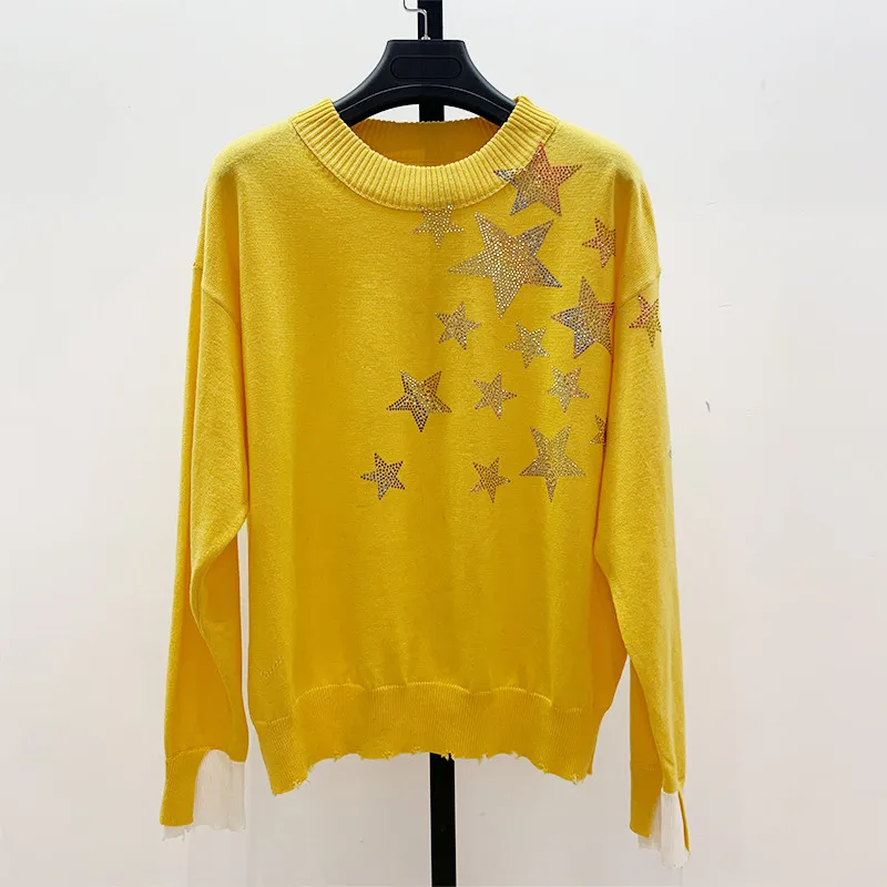 Женский трикотажный пуловер со звездами и стразами кашемировый джемпер с