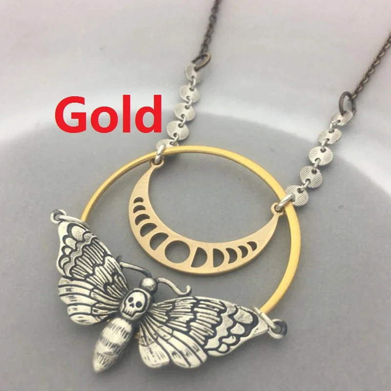 

Vintage Ladies Necklace Fashion Silver Moon Skull Moth Pendant Necklace Jewelry Accessories
