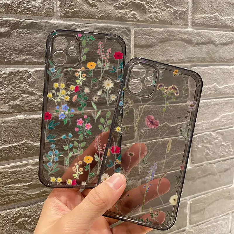 

Luxury Tropical plants Flower Phone Case For iPhone 12 11 8 7 se 2020 mini pro X XS XR MAX Plus Black Transparent Cover