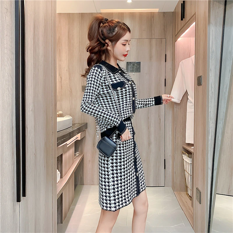 Women'S Fashion Houndstooth Knit Setup Winter Sweater Clothes With High Waist Skirt Autumn OL Two-Piece Korean Party Dress Sets |