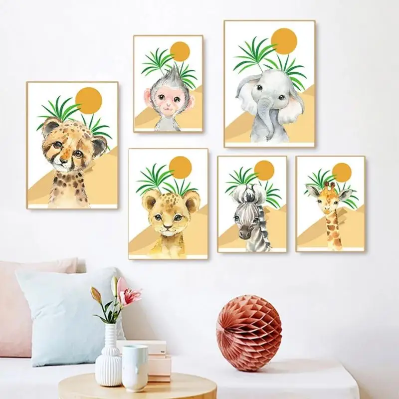 

Cartoon Animal Canvas Print Painting Elephant Lion Zebra Deer Leaf Desert Sun Picture Nursery Wall Art Nordic Poster Home Decor
