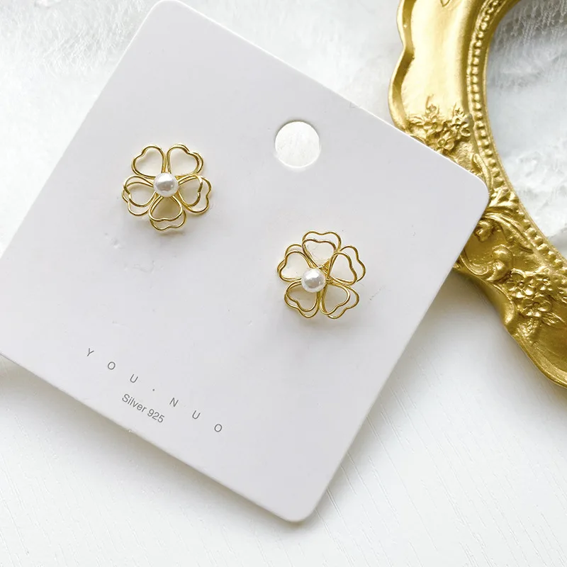 

Earrings S925 Silver Needle Clover Simple Pearl Line Flower Earrings