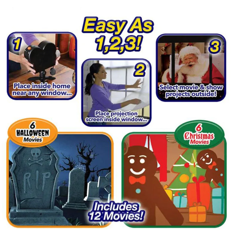 Рождество Хэллоуин лазерный проектор 12 фильмов Мини для домашнего кинотеатра