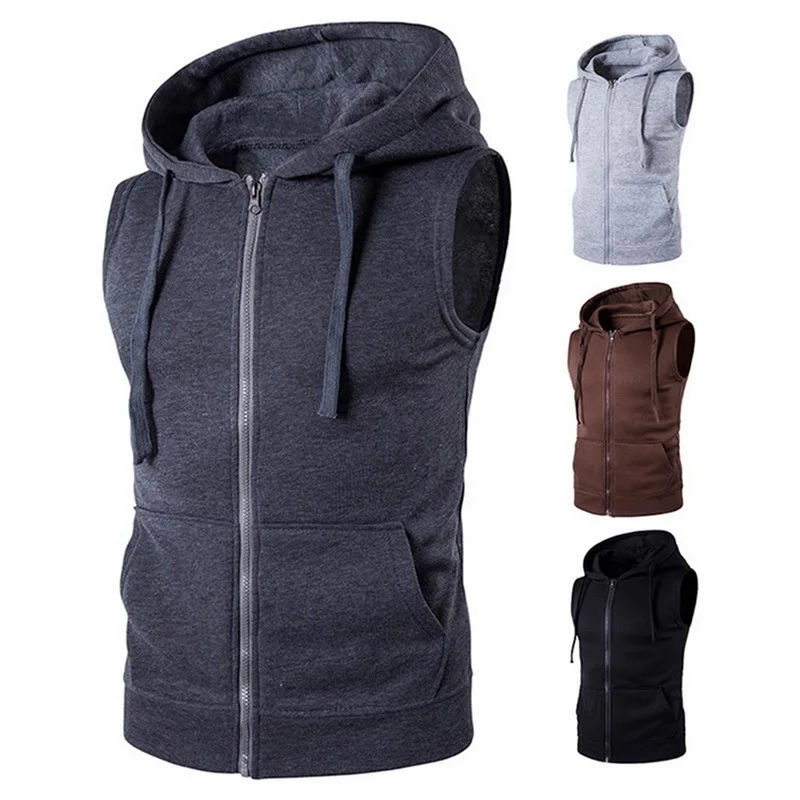 

Puimentiua New Men Vest Solid Sleeveless Hoodies Cardigans Jacket Autumn Spring Zipper Pockets Mens Vest Casual Waistcoat Top