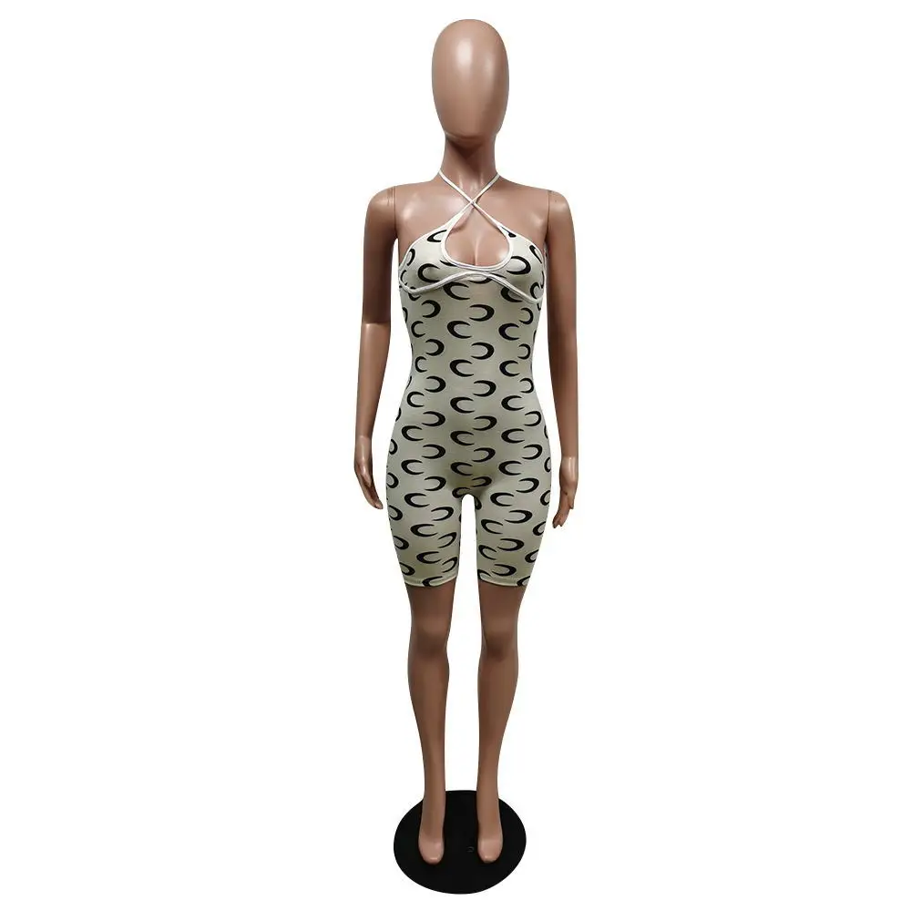 

2021 Hot Sale Printing Women Short Jumpsuits Sexy Backless Halter Neck Hollow Out Sleeveless Skinny Casual Party Rompers High