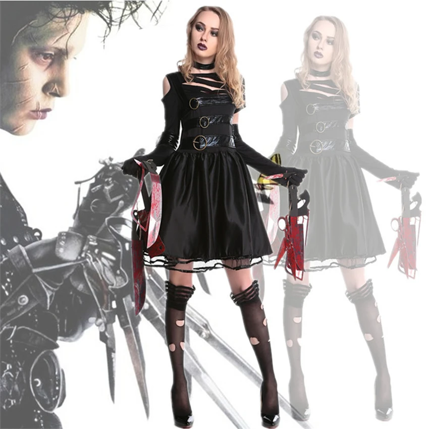 Костюмы на Хэллоуин для женщин Эдварда Scissorhands страшные вечерние маскарадные платья Женский ужас убийца Сексуальная День мертвых одежда 4 шт