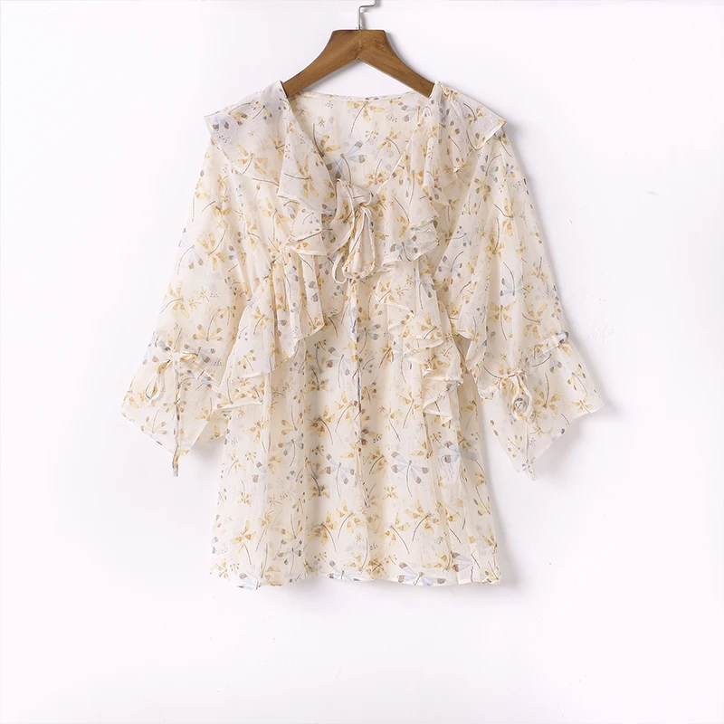 

Ruffles Lace up Floral Print Chiffon Blouses Shirts Women Casual Fairy Sweet Elegant V Neck Summer Pullover Femme Tops Blusa