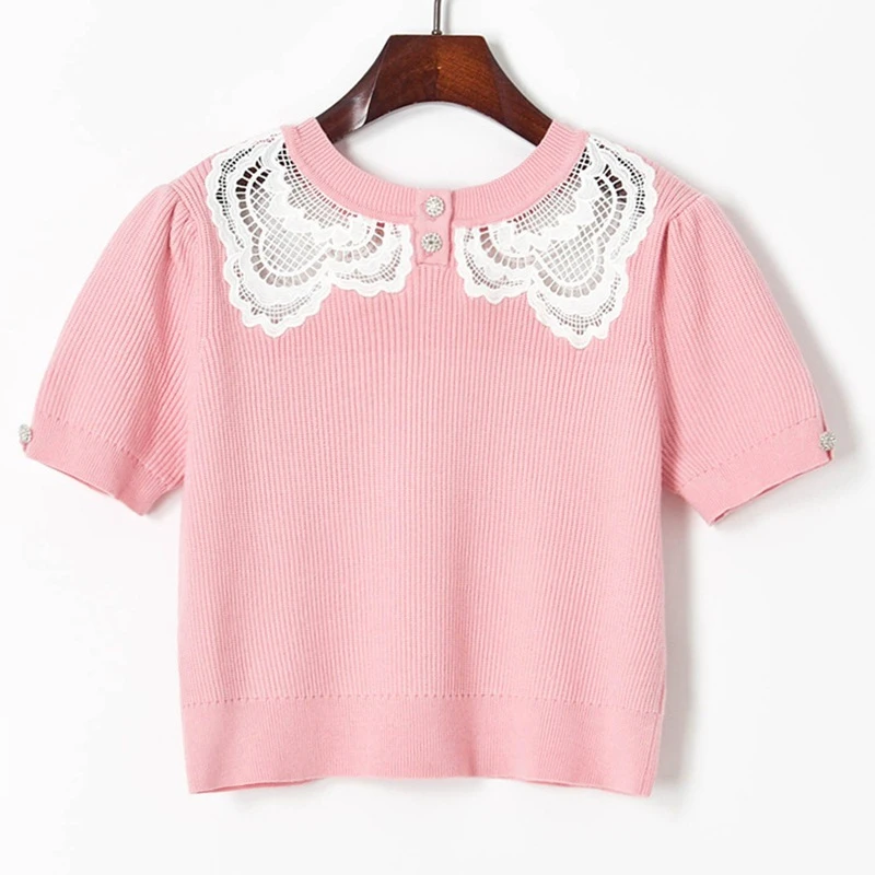 

Cacah Up summer new women's knitted short-sleeved T-shirt 2021 pink stitching hollow lace closed-sleeve top Women's pullover