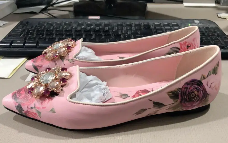 as pic pink flat Роскошные свадебные вечерние туфли на высоком каблуке с цветочным принтом и блестящими кристаллами; женские туфли-лодочки на шпильке с острым носком; Каблук 5 см; Каблук 9 см - Цвет: as pic pink flat