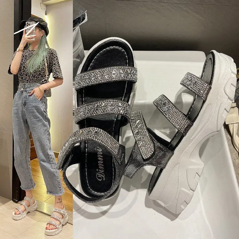 

Rhinestone Ladies Sandals 2021 Summer New Ladies Roman Sandals Rhinestone Increased Sports Sandals Beach Women's Shoes