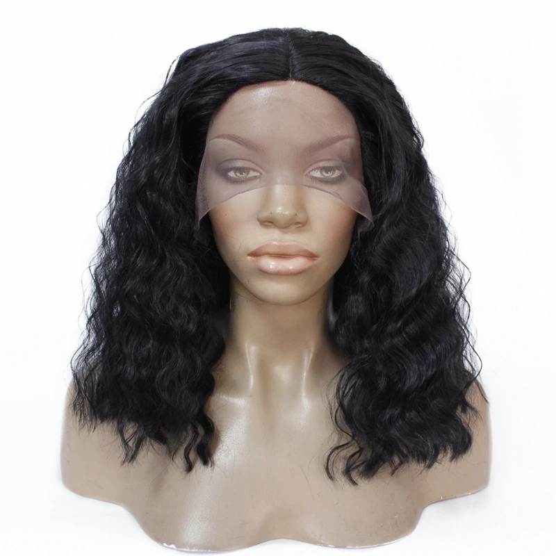Короткий парик из натуральных вьющихся черных волнистых волос Bob спереди