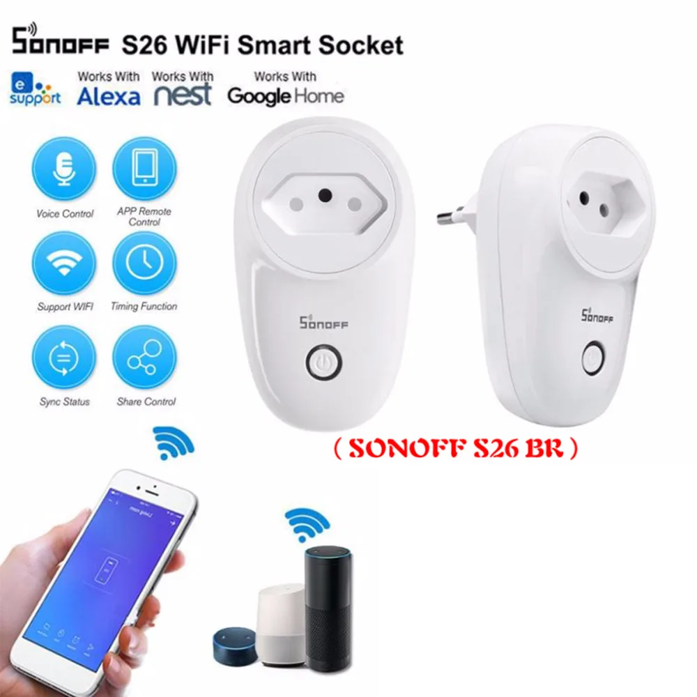 Sonoff S26 Базовая Wifi умная розетка US/EU/UK/AU/BR, беспроводная вилка, умный дом, выключатель питания, розетка, работает с Google Home Alexa