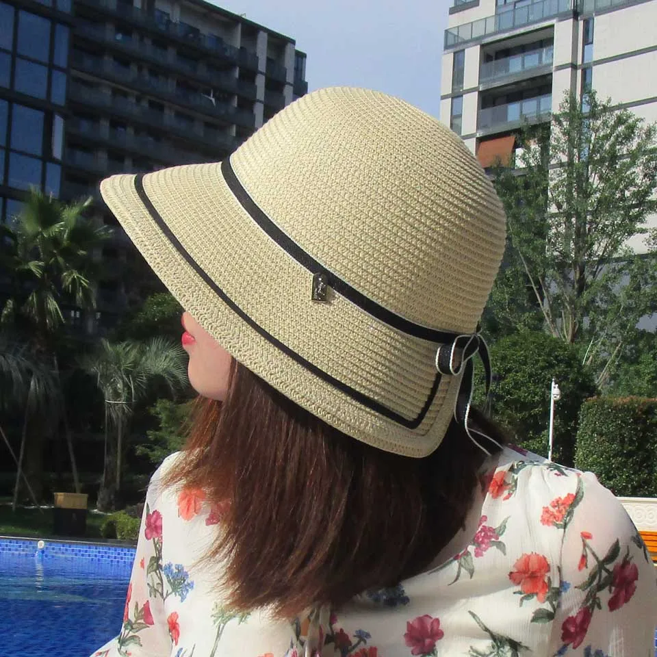Женская летняя соломенная шляпа с широкими полями черная пляжная бантом и лентой