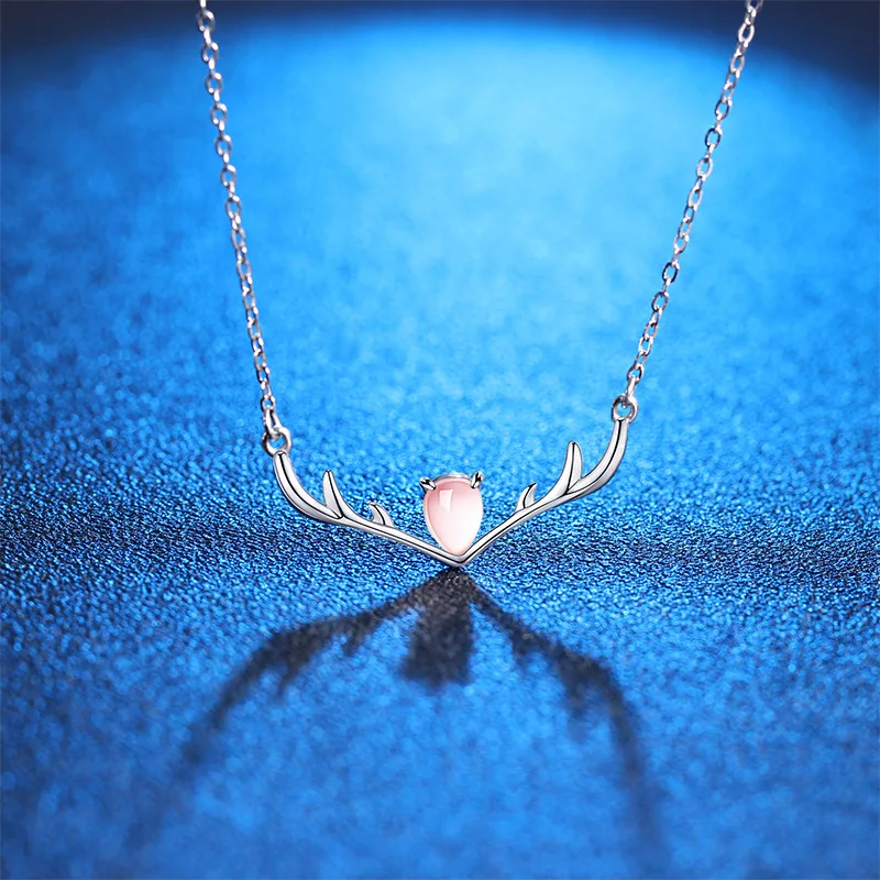 

New fashion jewelry 925 silver chain hibiscus stone antler pendant necklace Christmas gift female simple neck decoration 2020