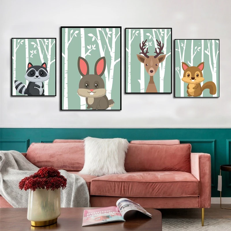 Лес мультфильм постеры с животными белка рисунок оленя на холсте для детской