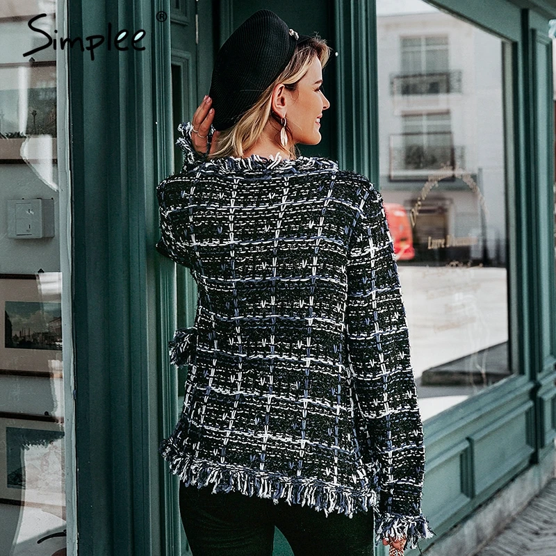 Simplee Winter plaid knitted women office cardigan coat Autumn female warm navy blend blazer Vintage tassel jacket outwear mujer |