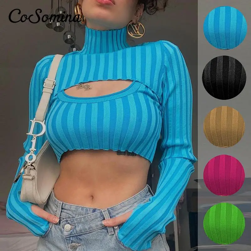 

CoSomina 2021 Autumn Fashion Turtleneck Women Top 2 Pieces Long Sleeve Cropped Top T-Shirts Y2K Striped Knitted Top Tees Slim