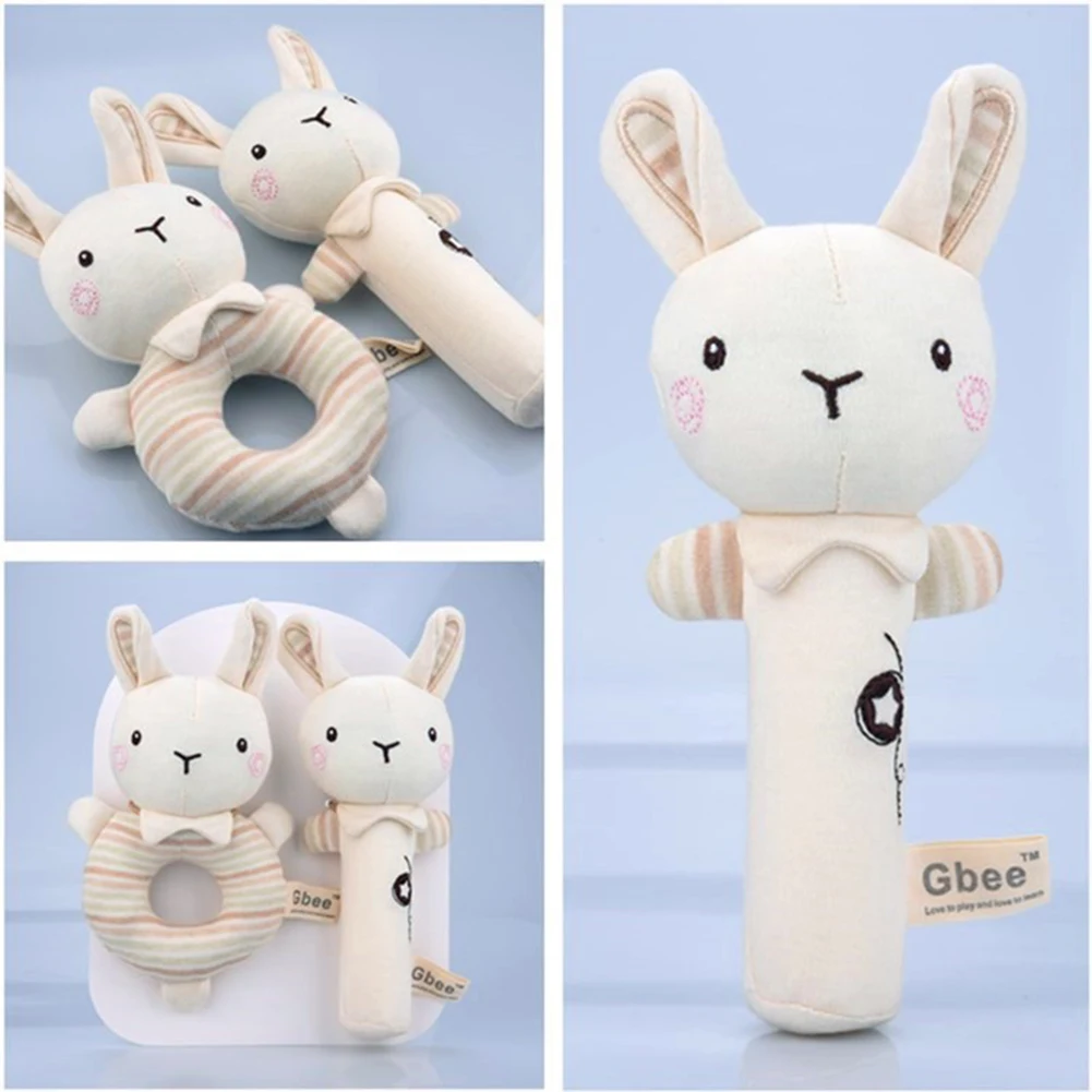 

2pcs Cotton Round Rattle Stick Set Cartoon Animal Hand Grasp Newborn Baby Soothing Mobile Bed Bell Infant Crib Dolls Rattle Toys