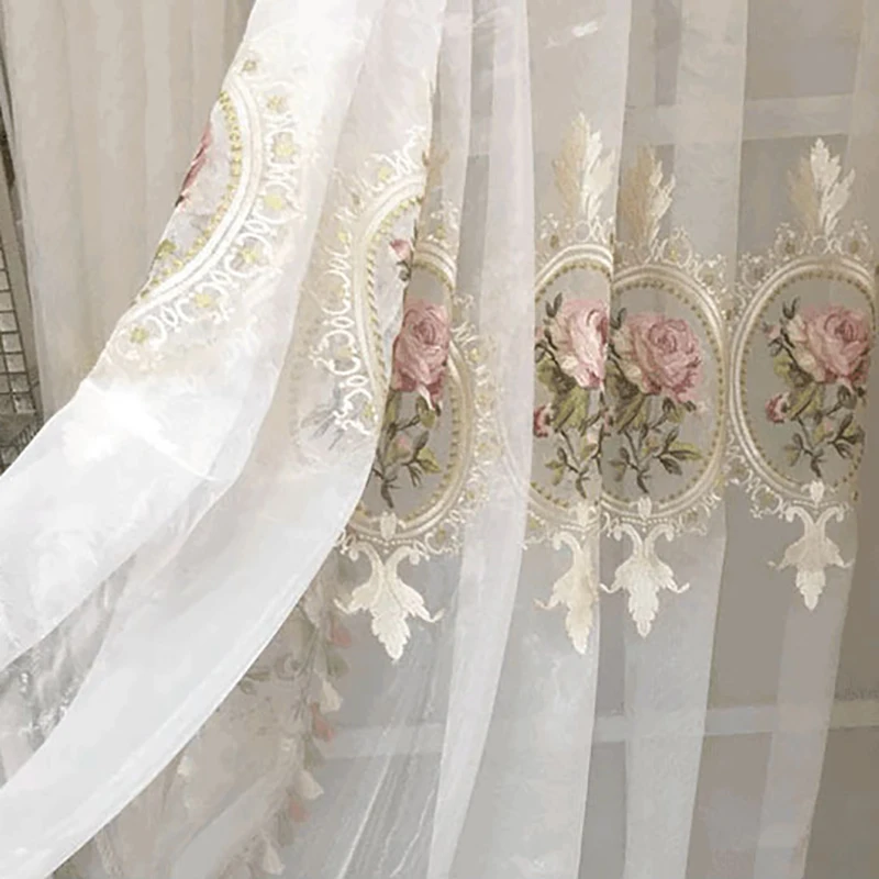 Luxury White Embroidery Flowers Curtains for Living Room Chinese Classical Peony Window Screen Panels for Bedroom Tassel Tulle T
